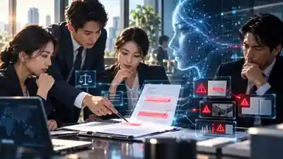 人とAIが契約や取引のリスクを一緒に確認するイメージ