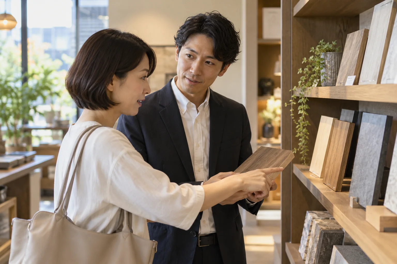 商品を見ながらお客様の希望を丁寧に聞くスタッフを表現した生成イメージ