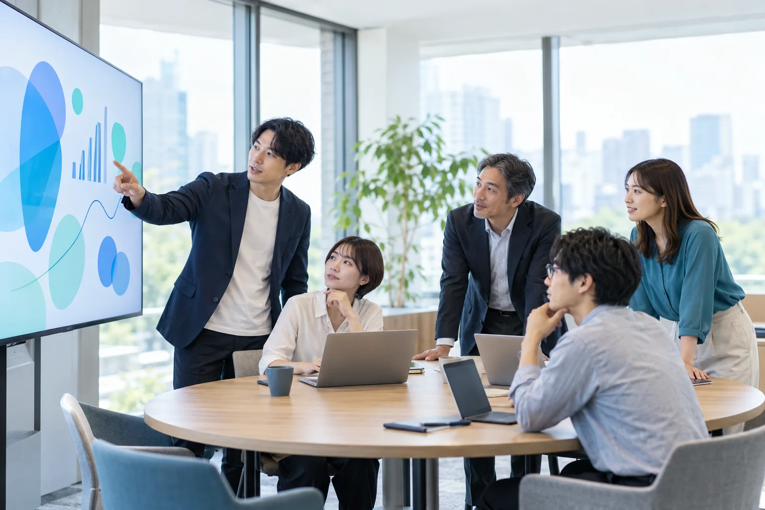 一つの共通画面を見ながら判断の前提をそろえるチームを表現した生成イメージ
