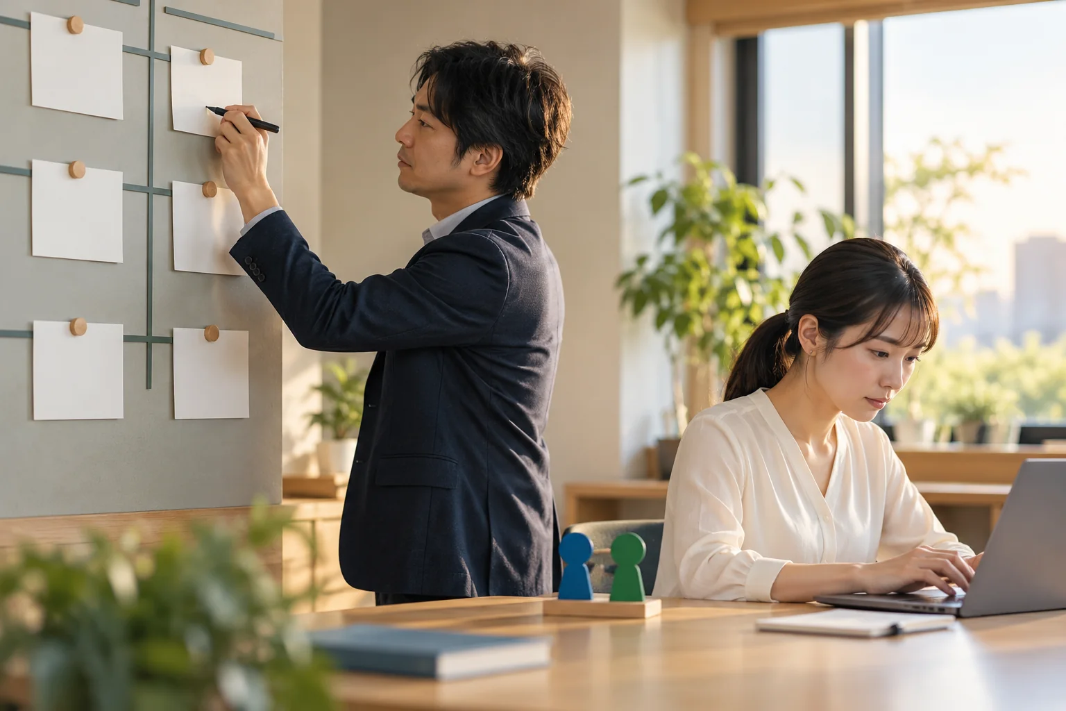 合意した一つの行動をカードに記し、隣で実行を始める二人を表現した生成イメージ