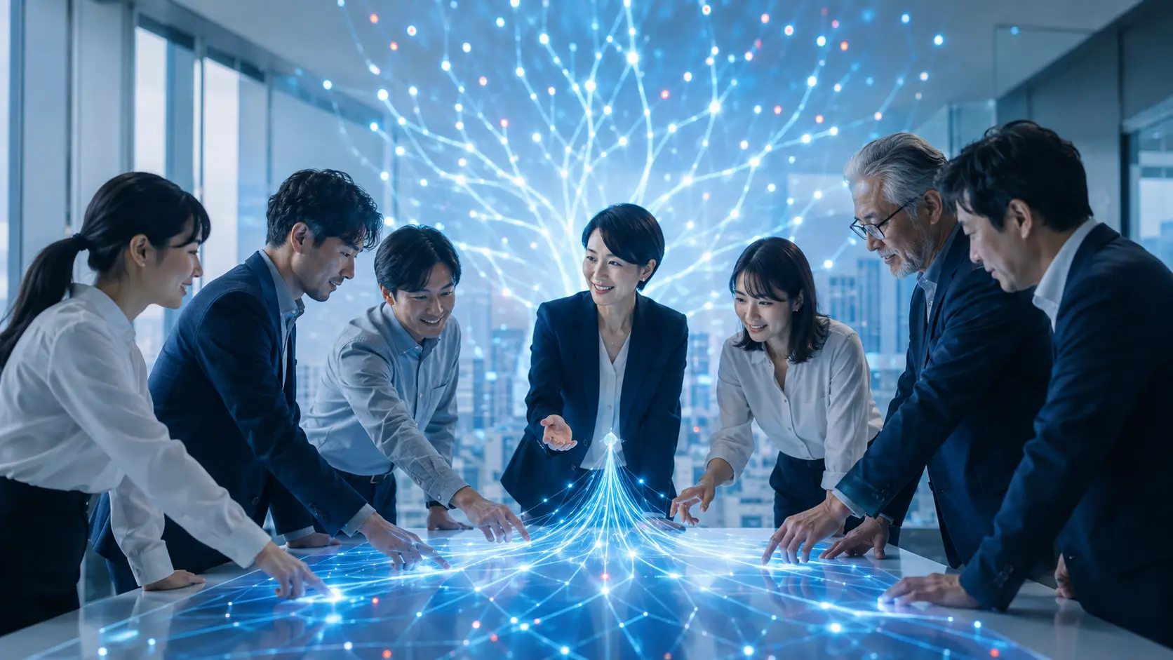 一人ひとりの力とAIが同じ目的に向かい大きな組織力になる様子