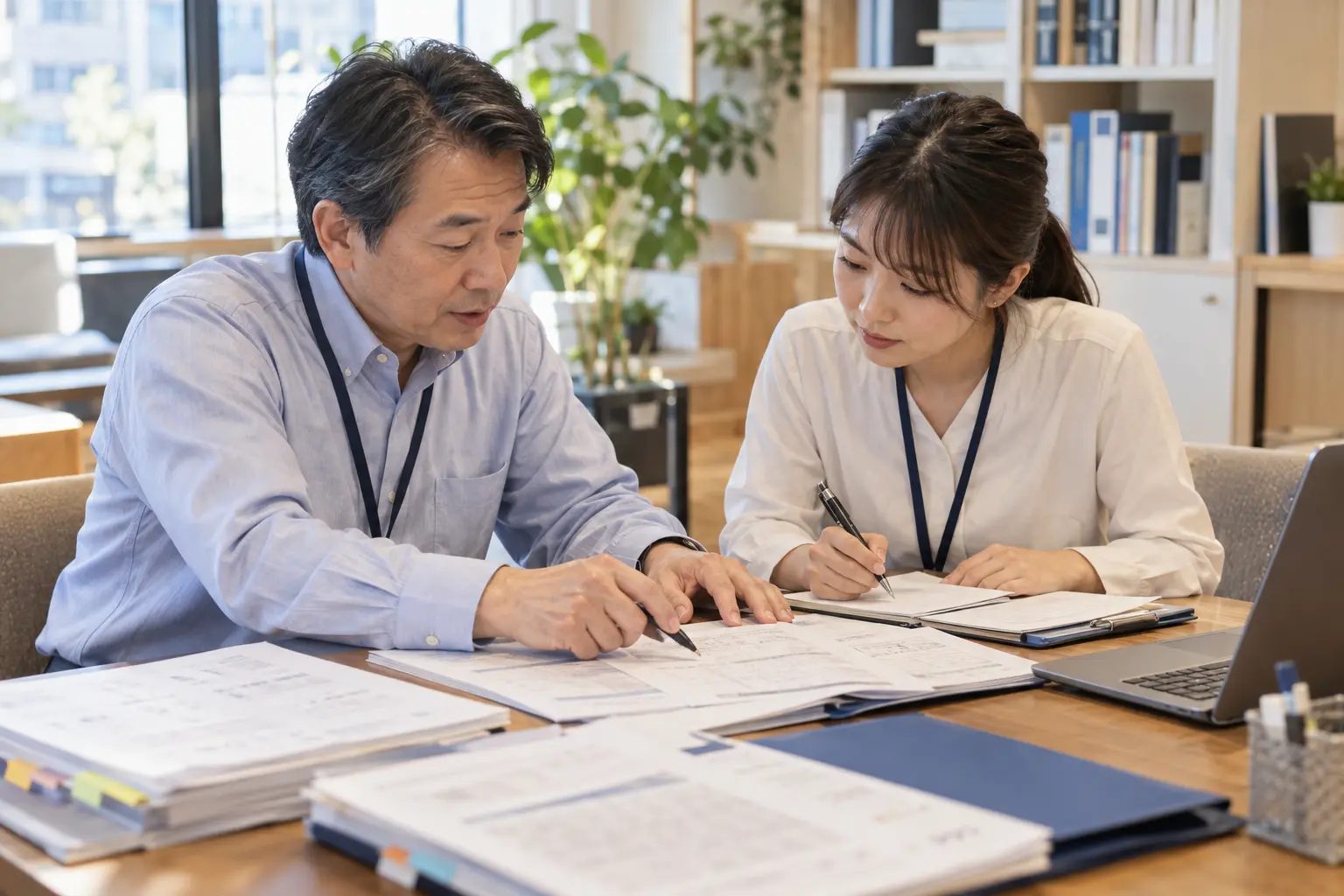 経験者が若手社員へ判断の考え方を伝え、手順とともに記録するイメージ