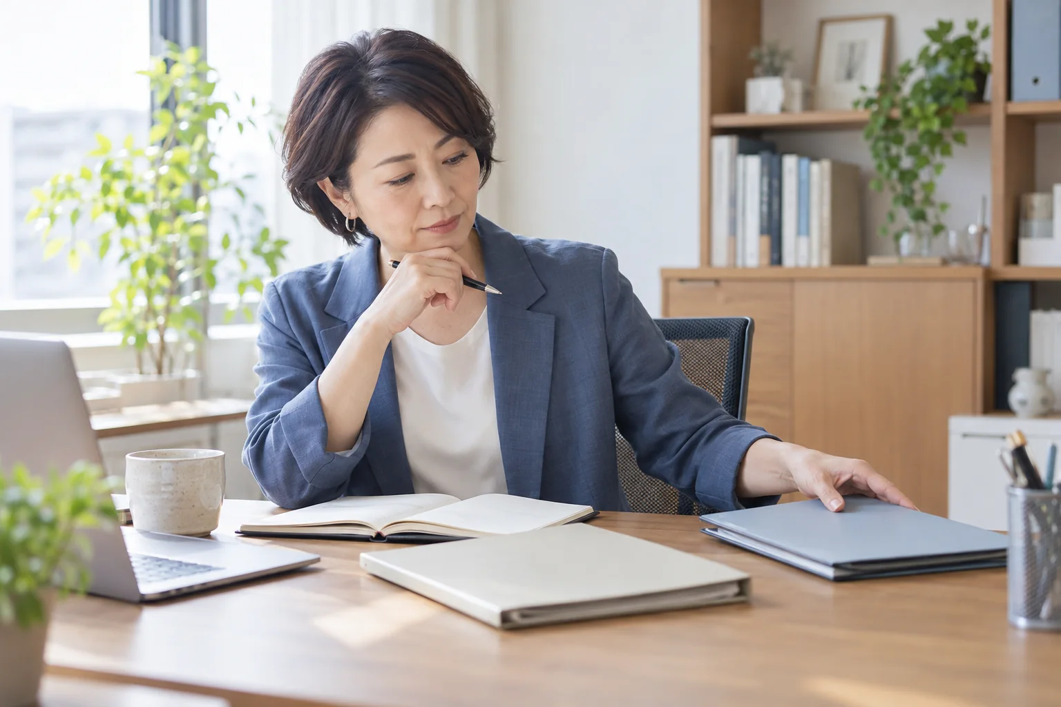 仕事の必要性を見直し、報告用ファイルを選び分ける管理者を表現した生成イメージ
