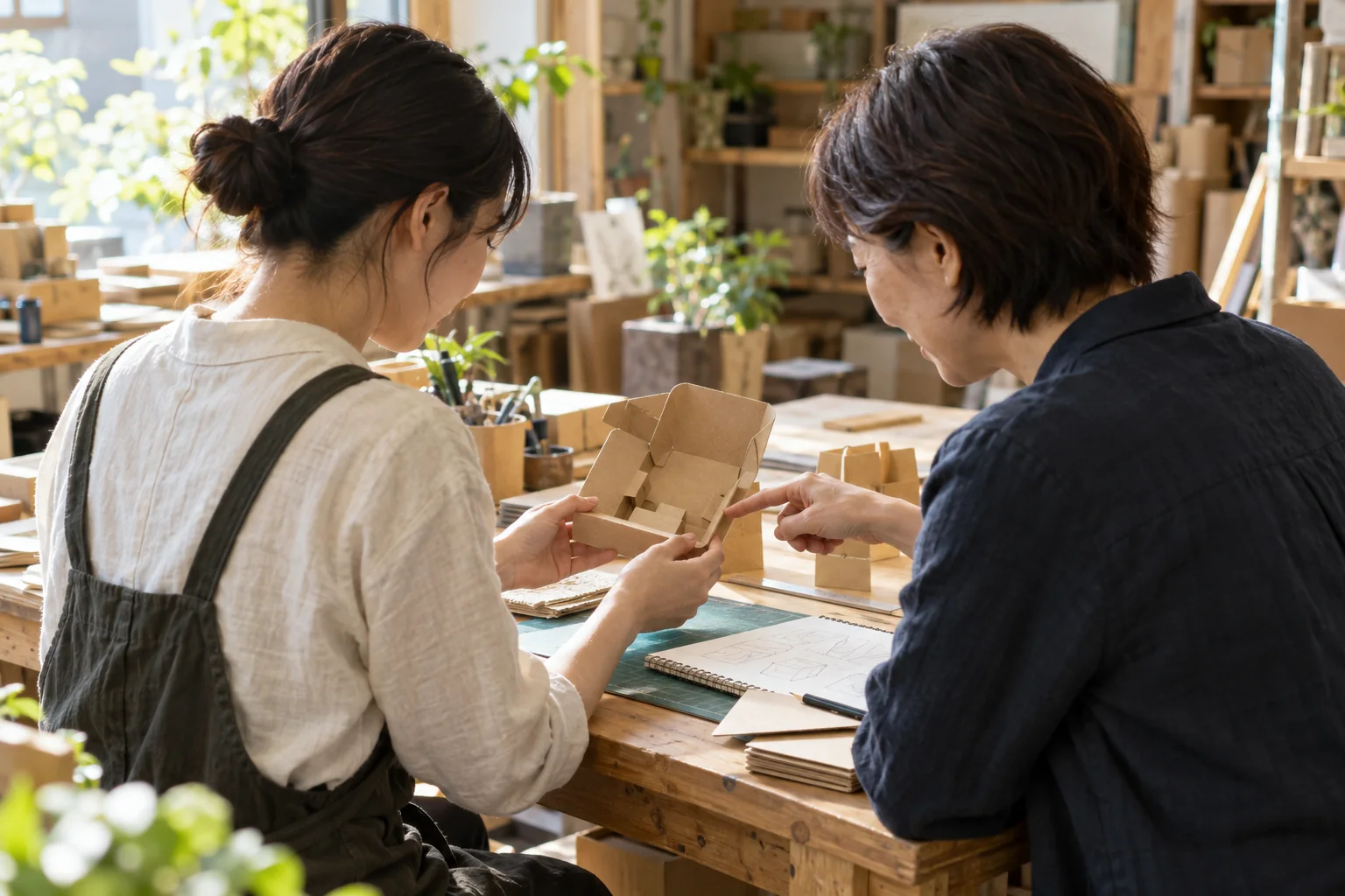 管理者と若手社員が改善用の試作品を一緒に確かめる様子を表現した生成イメージ