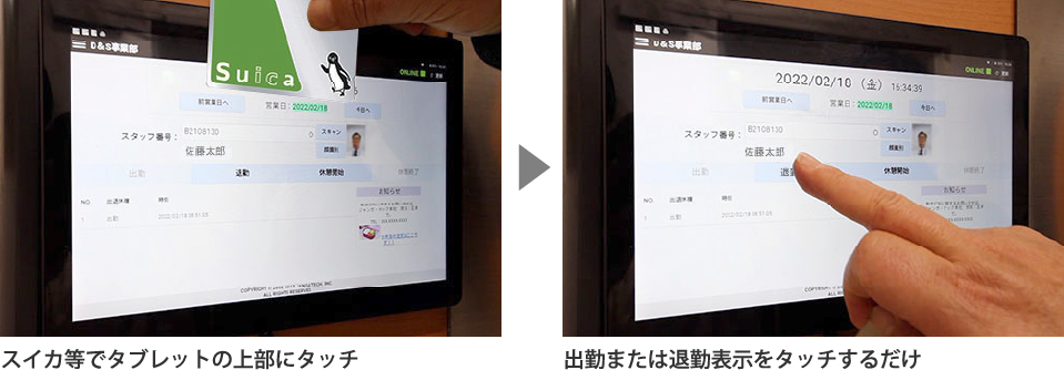 スイカ等でタブレットの上部にタッチ　→　出勤または退勤表示をタッチするだけ
